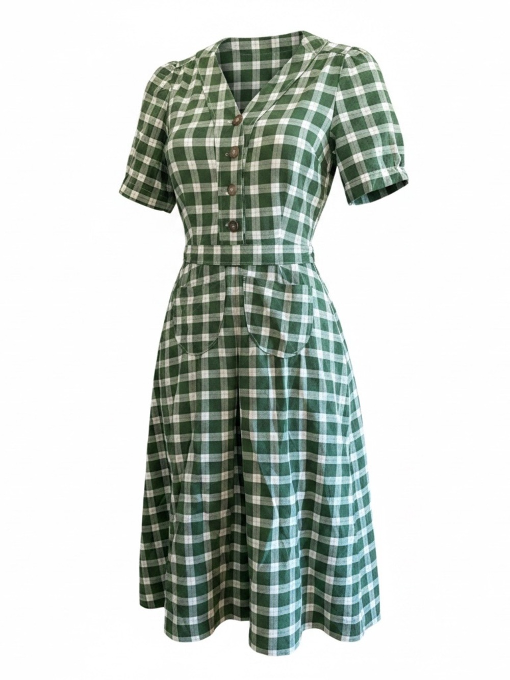 Handmade Green Plaid Short-Sleeve Cotton Dress